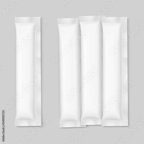 Blank three seal stick package bag mockups. Flat lay view. Vector illustration isolated on grey background. Can be use for food, cosmetic, pharmacy and etc. EPS10.