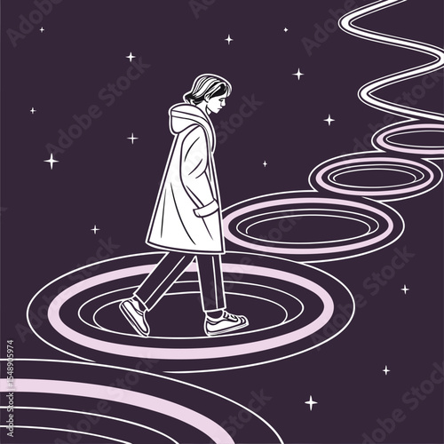 A person journeys along a cosmic path of glowing rings a surreal design perfect for branding logos and websites