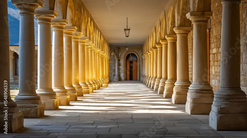 Perspective view of a long corridor with columns and light streaming through the architecture design