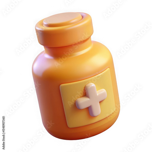 Cartoon 3d illustration of orange medicine bottle with a plus sign isolated on transparent background