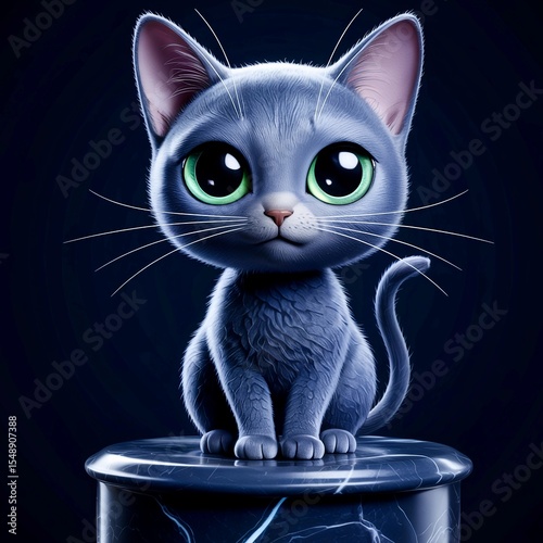 Adorable 3D Cartoon Blue Gray Cat with Green Eyes on Marble Pedestal