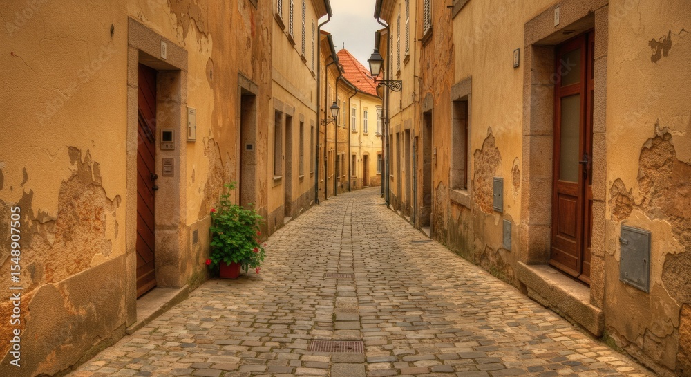 Obraz premium Charming Cobblestone Alleyway in Historic European Town Weathered Buildings Old World Architecture