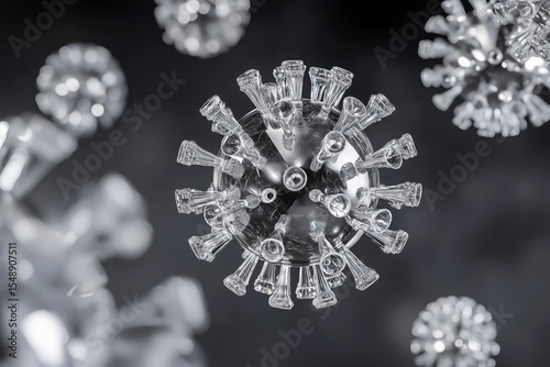 Monochrome render of symmetrical virus under electron microscopy