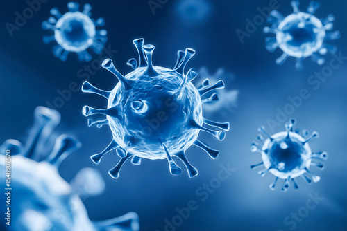 Transparent blue virus particles floating in digital microscopic view