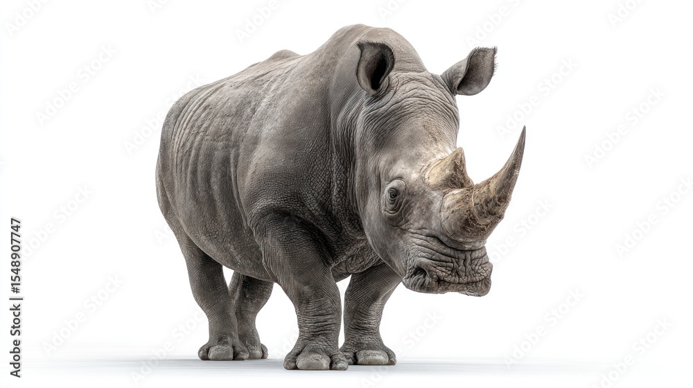 Fototapeta premium A rhinoceros, full body shot, against a white background. Powerful and majestic