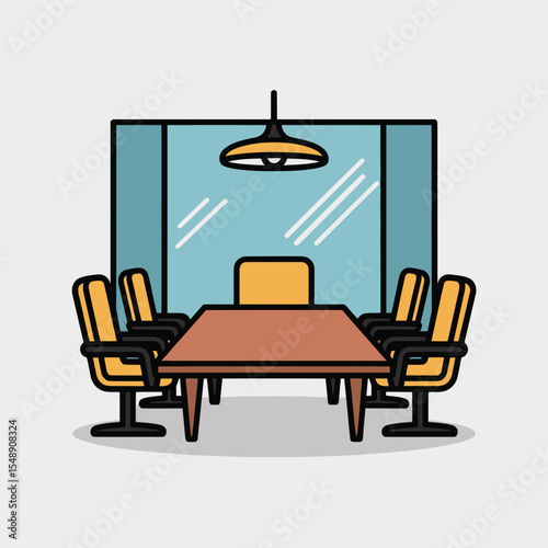Flat Style Icon of a Modern Meeting Room with Brown Table Yellow Chairs and Teal Glass Wall a Yellow Pendant Light