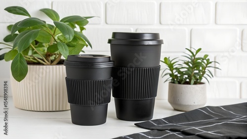 Black Reusable Coffee Cups with Indoor Plants on Tiled Backdrop and Striped Cloth Accent