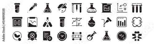 Scientific research glyph icon set. Vector pictograms of sample, pipette, lab, graph, regression, correlation, anomaly, document, review, accepted, rejected, black sign silhouette illustration. 