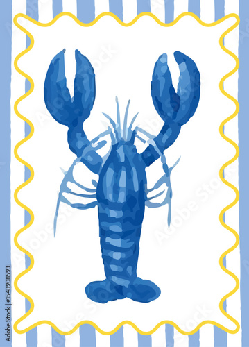 LOBSTER SUMMER POSTER - VIBRANT FOOD ILLUSTRATIONS WATERCOLOR STYLE BLUE AND YELLOW IN WAVY FRAME WITH STRIPES

