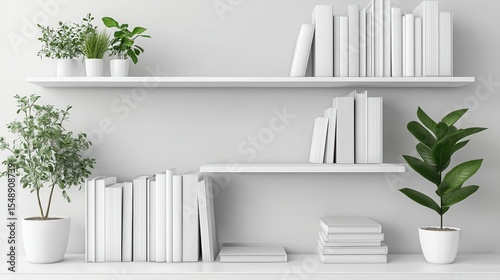 Clean white shelves hold books and potted plants against a white wall. Use for blog posts, websites, or promotional materials for home decor.