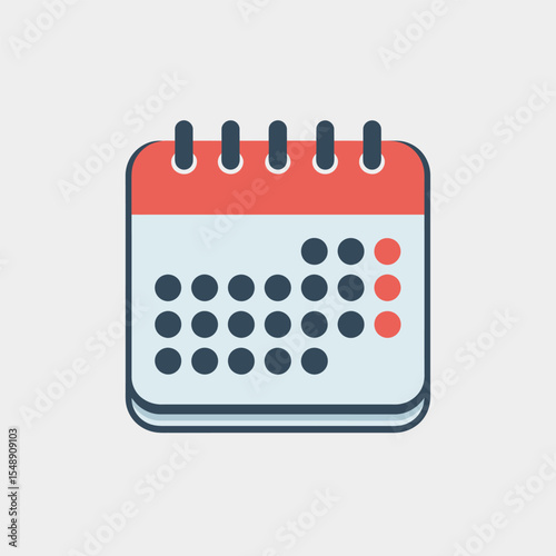 Flat Style Icon of a Red and Blue Calendar with Dark Gray Circles Representing Dates calendar icon flat design
