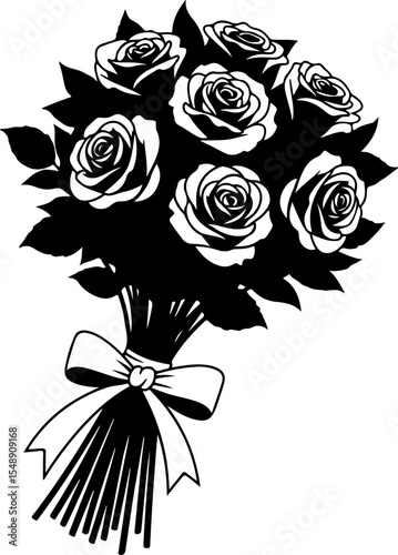 A stylized, black and white graphic of a rose bouquet tied with a ribbon.