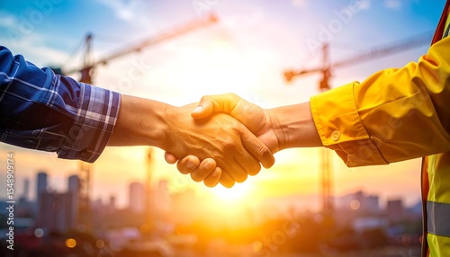 Construction workers handshake with city sunset.