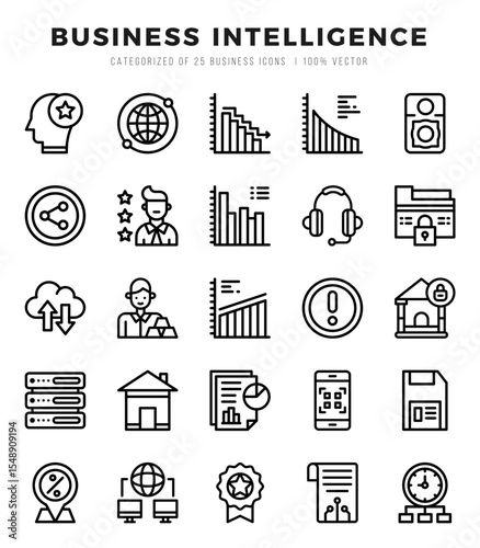 Set of Business Intelligence Icons. Simple line art style icons pack.