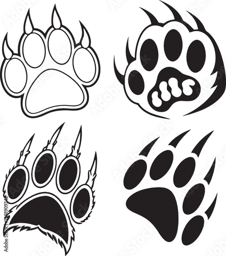 Set of four bear paw print variations including outlined, solid, clawed, and stylized versions. Great for versatile animal-themed design use.