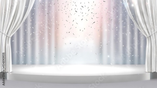 A realistic depiction of luxurious white curtains framing a bright space, adorned with falling silver confetti, perfect for backgrounds, presentations, and celebratory designs.