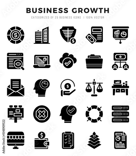 Business Growth Glyph icons collection. 25 icon set in a Glyph design.