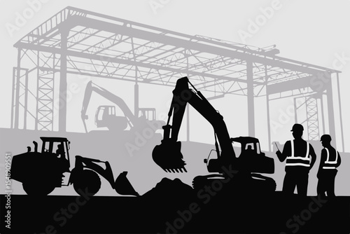 dynamic silhouette of construction equipment and workers on a building framework vector