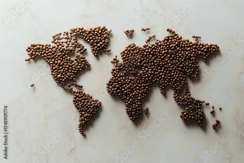 World map formed by coffee beans on a light, textured surface background. Perfect for illustrating coffee trade, global sourcing, or coffee culture themes.