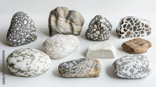 Collection of unique rocks with different patterns and colors on a white background. It shows geology, nature, and patterns, it's great for science, art.
