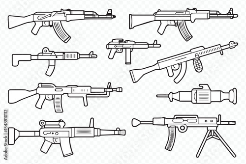high-quality vector line drawings of rifles and guns for design and educational use