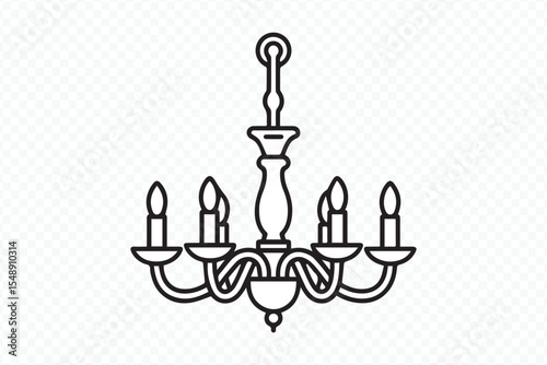 black and white vector chandelier illustration with six candle lights for interior design and decoration projects on transparent background