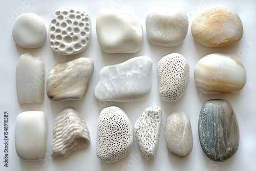 Smooth, polished stones, many colors, lie on white surface in a top down shot. These natural stone objects can be used for wellness or relaxation concepts.