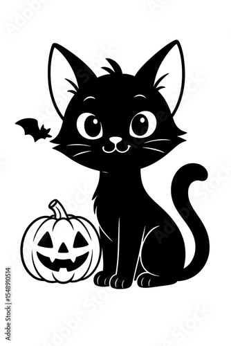 Cute Vector Cartoon Feline Black Cat Illustration Halloween Jack-o’-lantern Pumpkin Bat Graphic Design