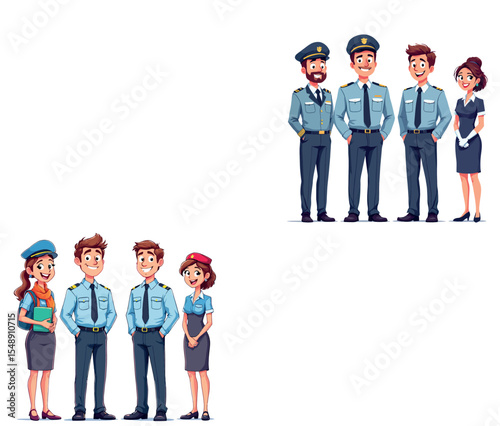 Vsai pilots and flight attendants posing together, cartoon style illustration of airline crew