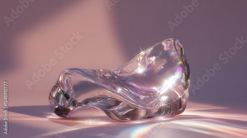 Abstract glass sculpture with iridescent light.