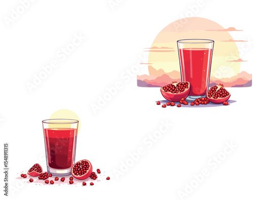 Vsai refreshing pomegranate juice with ripe pomegranates at sunset and sunrise