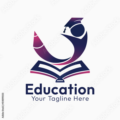 Dynamic Education Primary Logo: Student with Graduation Cap Leaping from Book and Pencil, Representing Knowledge and Growth
