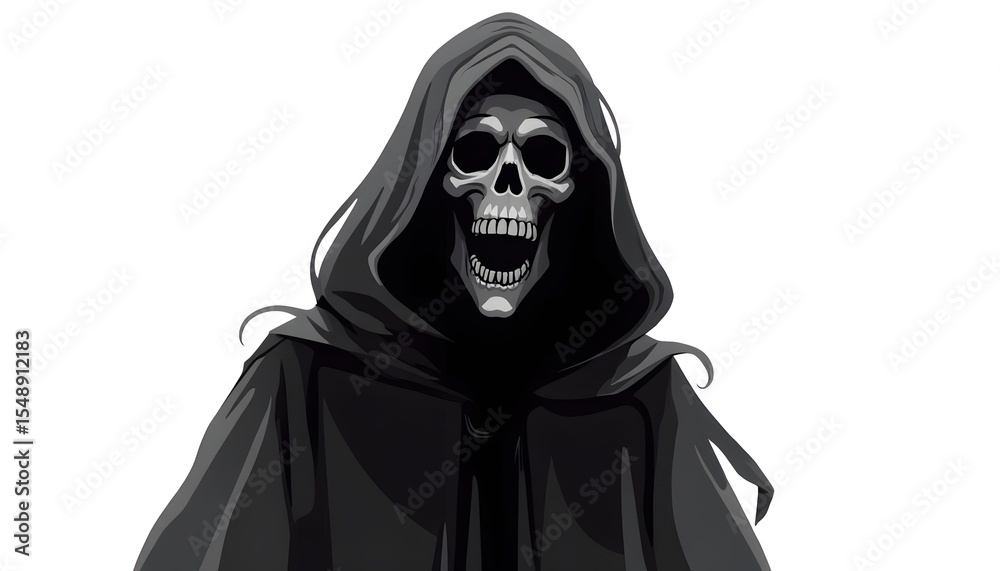 Mysterious Grim Reaper Figure in Dark Cloak with Skull Face Mysterious Grim Reaper Figure in Dark Cloak with Skull Face