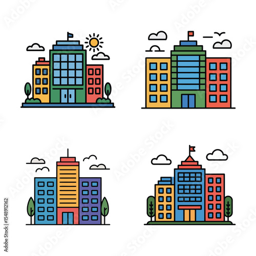 Four Colorful Flat Style City Building Illustrations Featuring Multistory Structures Trees and Clouds Simple Line Art Designs
