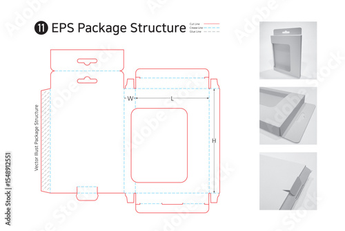 P1_11. Hanger type package structure. package Dieline. Box structure. 