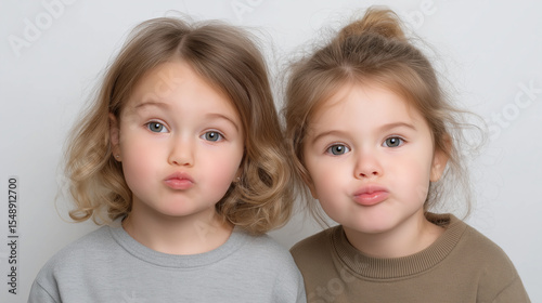 Two young girls with blonde hair and similar features posing with puckered lips against a plain background