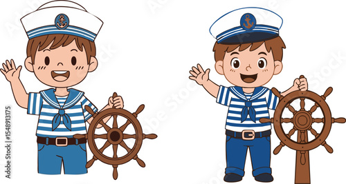 Two cartoon boys dressed in blue and white sailor outfits are holding wooden ship wheels and waving on a white background conveying a cheerful mood perfect for children's illustrations.