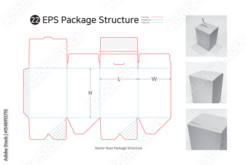 P1_22. Three sided adhesive easy cut box. package structure. package Dieline. Box structure. 