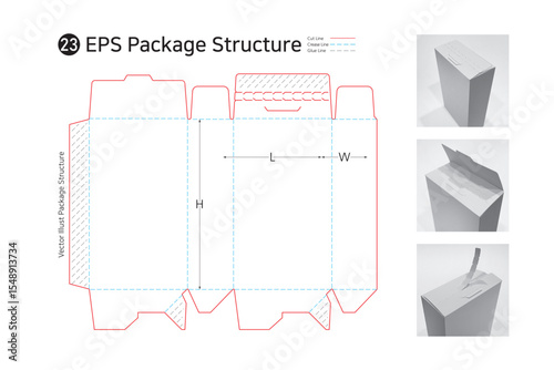 P1_23. Three sided adhesive easy cut box. package structure. package Dieline. Box structure. 