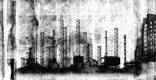 Industrial landscape with buildings and chimneys of the factory. Grunge scratch background. Black and white colors illustration	
