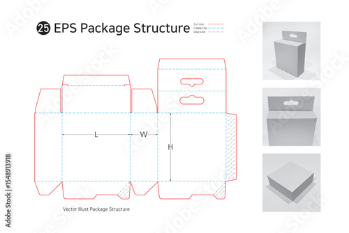 P1_25. Three sided adhesive hanger type rectangular box. package structure. package Dieline. Box structure.  