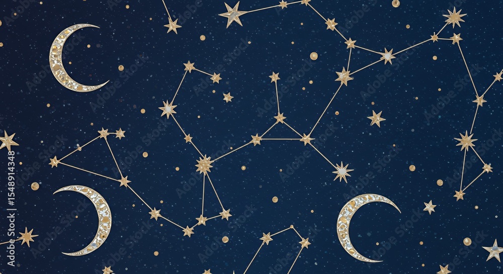 Naklejka premium Celestial Tapestry: Golden Constellations and Crescent Moons Adorn a Midnight Blue Sky
