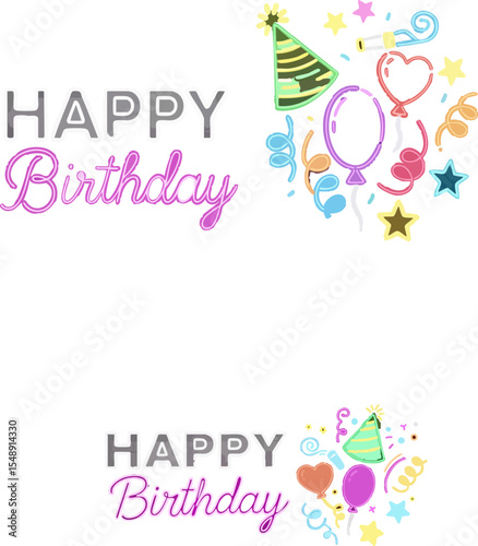 Festive birthday greeting design with colorful cartoon balloons, stars, and party hat creates a cheerful and celebratory atmosphere, ideal for birthday cards and party invitations.