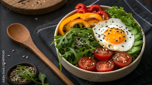 Colorful Power Bowl with Fried Egg, Fresh Veggies, and Mixed Seeds on Dark Rustic Surface