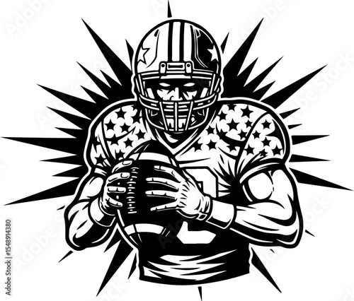 Powerful American Football Player Holding Ball in Aggressive Pose