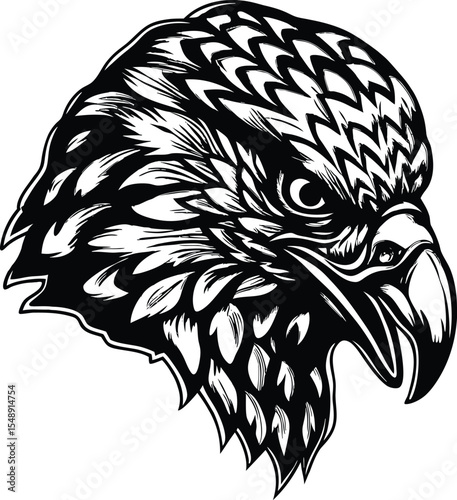 black and white eagle head, highly detailed, hyper realistic, intricate feather patterns, sharp beak, intense gaze, cinematic lighting, digital art
