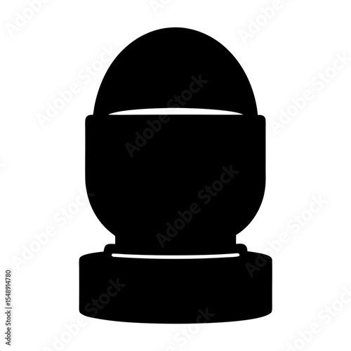 Stylized black and white image depicting a boiled egg in an egg cup