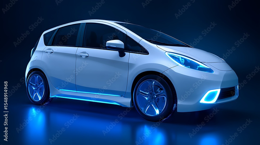 Fototapeta premium Modern White Car with Blue Lights