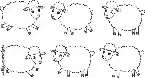 Cartoon sheep standing and walking with fluffy white wool are illustrated on a clean white background in a simple line drawing style for children's book or educational material.