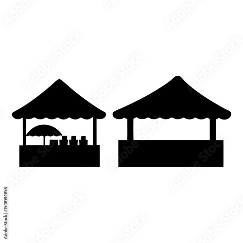 Two market stalls displaying merchandise under a canopy, one with umbrella